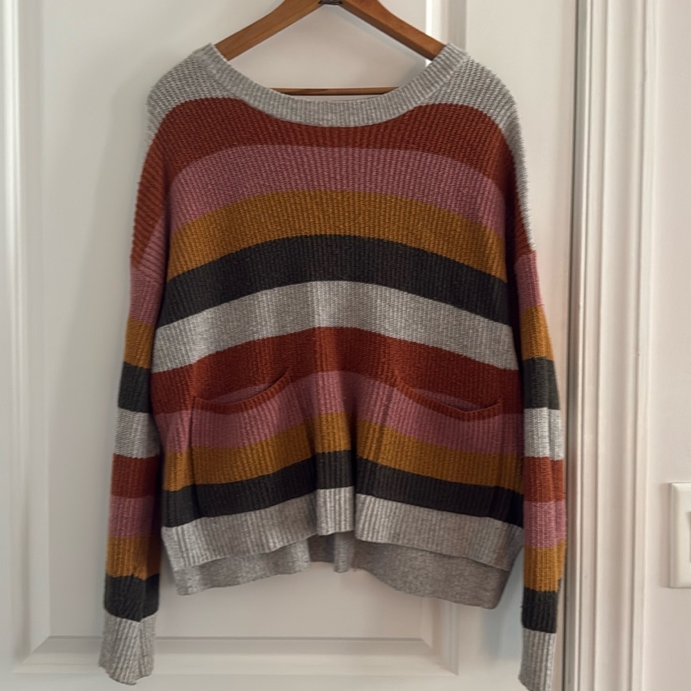 Madewell Gray and Green Crew Neck Sweater with Ribbed Trim